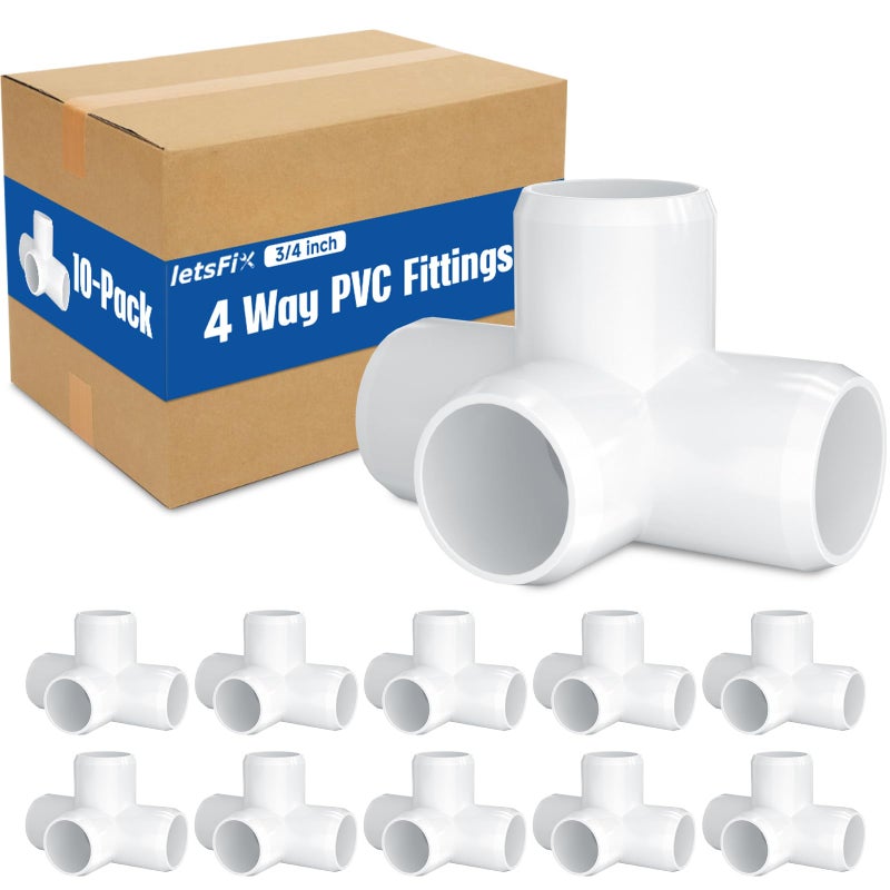 letsFix 3/4" PVC Fittings 4 Way (10-Pack) Furniture Grade, Elbow Connector, Heavy Duty for DIY Furniture, Frames, UV Resistant - Compatible with 3/4" Schedule 40 PVC Pipesâ€Œ - Image 1
